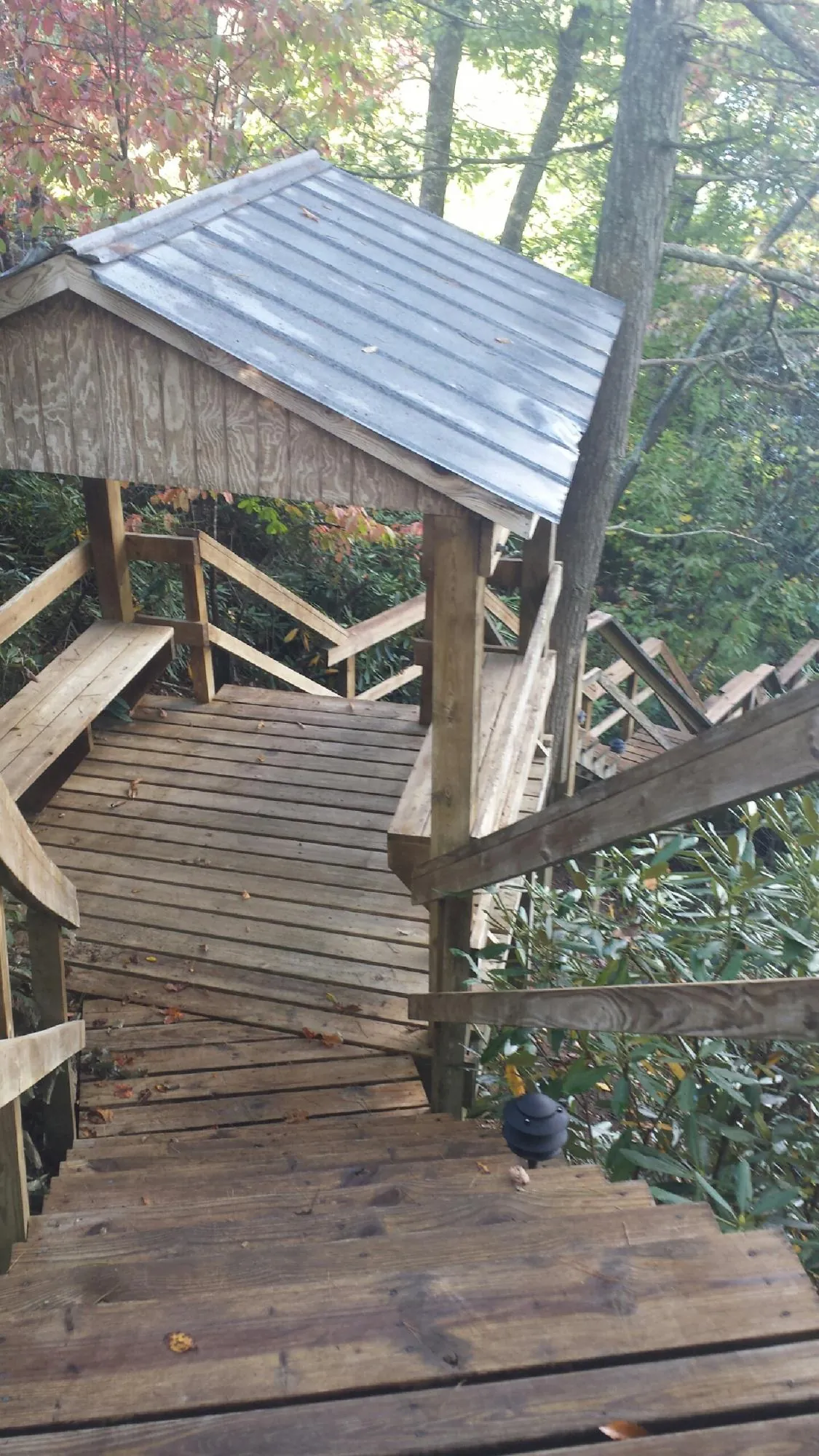 Metal roofed shelter over wooden steps on a wooded walkway — Skylight Repair & Installation work by our crew in Mccloud